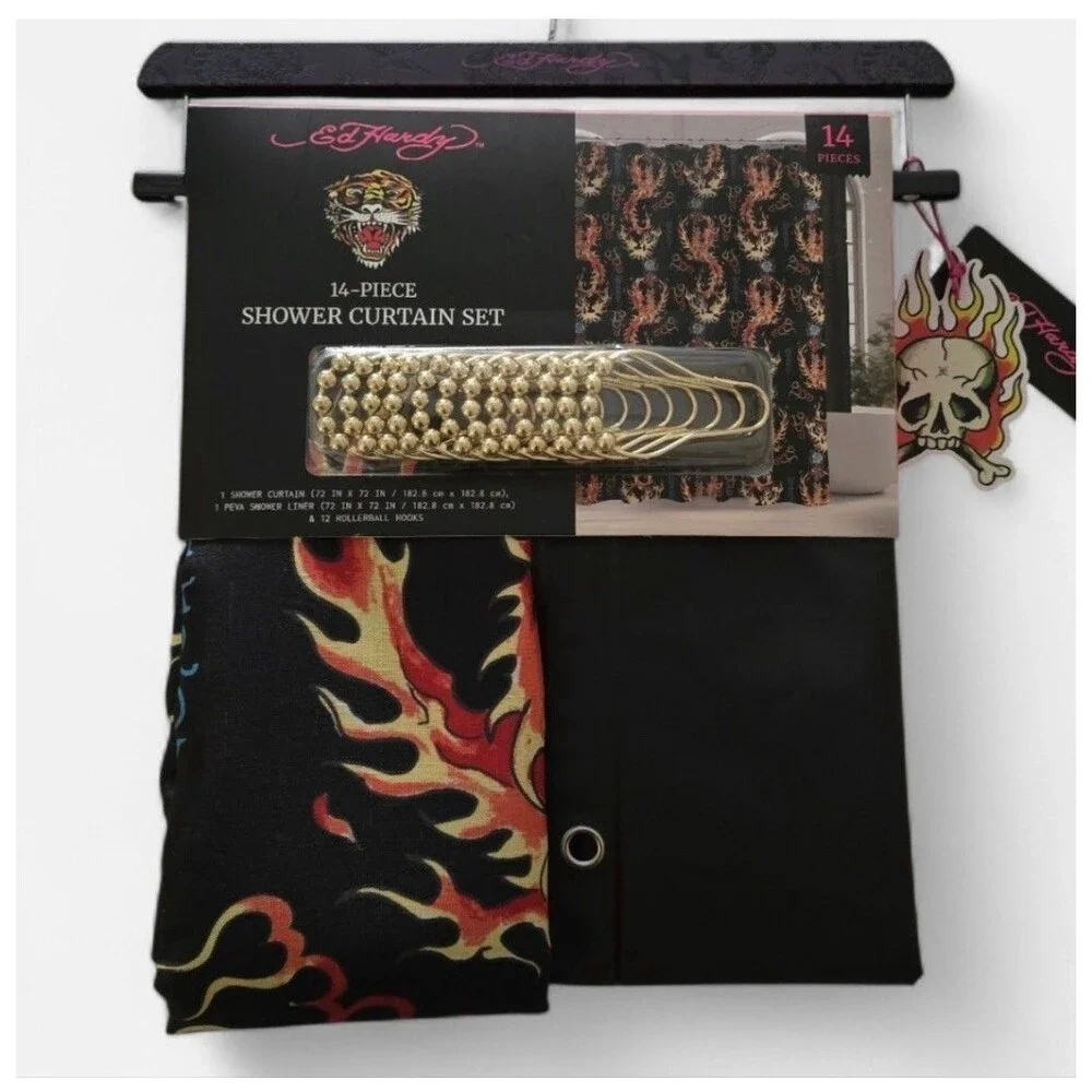 Ed Hardy 14 piece shower curtain set dragon fire roses black flames NWT gold